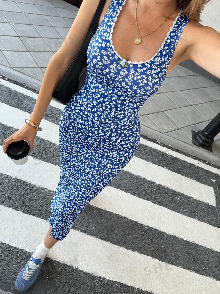 Pariaura Vestido ajustado para damas de estilo francés casual con cuello en forma de corazón y estampado sin mangas
