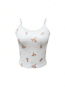 Jouncy 女士撞色蕾丝卡通印花修身吊带背心 - 白色 - 查看 4