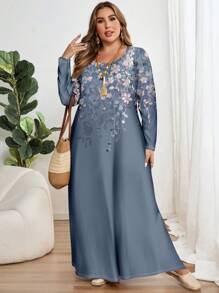 Mellowie 大码休闲简约紫色花卉印花长袖圆领连衣裙，适合秋冬季