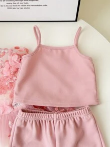 SHEIN Leap Crew Bộ 2 áo lưới in hoa màu hồng dễ thương và quần mùa hè cho bé gái - Hồng - Xem 5