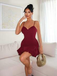 SHEIN SXY Đầm yếm bó sát viền hoa tulip màu trơn cho nữ - Màu Đỏ Sâu - Xem 3