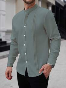 Manfinity Homme Men's Casual Business Commute Solid Color Long Sleeve Button-Up Shirt,Men's Solid Color Texture Casual Wrinkle Double Patch Bag Commuting Light Mature Long Sleeved Button Up Shirt - Cadet Blue - View 3