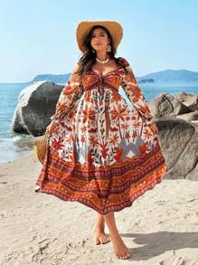 SHEIN Clasi Plus Size Women Palm Tree Print Casual Maxi Dress For Resort Fall Cloth For Women - Multicolor - View 4