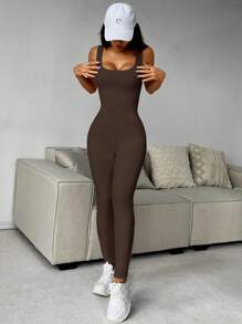 SHEIN EZwear Women's Solid Color Wide Strap Casual Slim Fit Jumpsuit - Coffee Brown - View 4