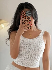 SHEIN EZwear Women's Floral Lace Trim Fitted Camisole With Bow Decor - White - View 3