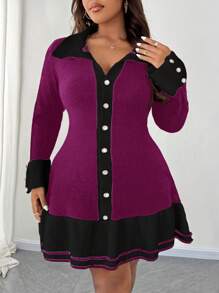 SHEIN Unity Plus Size Women Knitted Colorblock Sweater Dress With Ruffle Hem Button Decor, Elegant For Autumn/Winter - Purple - View 5