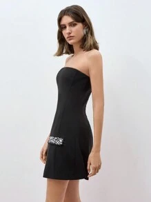 Maija Women's Rhinestone Decor Elegant Strapless Short Jumpsuit Dress Festival - Black - View 7