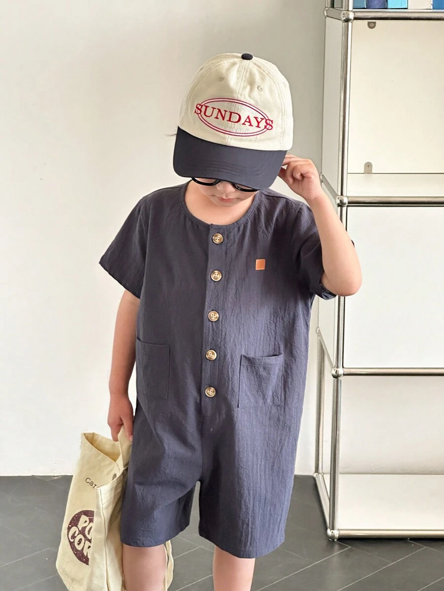 SHEIN Little Byeori Bộ đồ liền thân vải lanh màu xanh nước biển họa tiết dễ thương cho bé trai, thích hợp cho đi chơi, du lịch, đi học, mùa xuân/hè - Màu xanh lam - Xem 1
