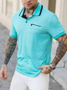 Manfinity Mode 男士数码印花仿口袋短袖 Polo 衫 - 水鴨藍 - 查看 7