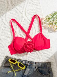 SHEIN Swim Summer Women Sexy Elegant Solid Color Backstrap Chest Floral Accessory One-Piece Bikini Top, Fashion Forward, Sophisticated, Suitable For Party, Beach