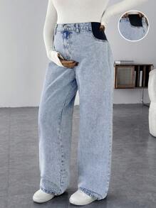 SHEIN Maternity Casual Loose Straight Leg Blue Jeans Women Baggy Jeans Casual Loose Blue Women's Jeans Thanksgiving Women Wide Waist Mom Jeans