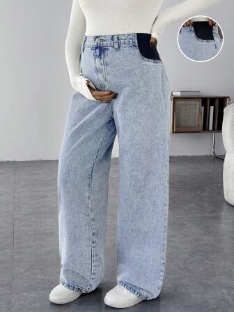 SHEIN Jeans azuis casuais largos e soltos para gestantes, Denim folgados, Calça casual solta de perna larga azul, Denim retos azul para mulheres, Look de mulher para Ação de Graças, Cintura larga