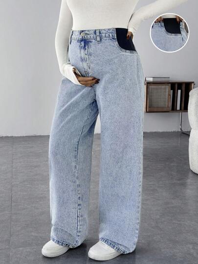 SHEIN Maternity Casual Loose Straight Leg Blue Jeans Women Baggy Jeans Casual Loose Blue Women's Jeans Thanksgiving Women Wide Waist Mom Jeans