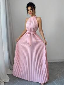 Elenzga 情人节女士优雅浪漫荷叶边领褶皱腰 A 字形连衣裙 - 藕粉色 - 查看 4