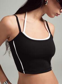 LYSMO Mujer Top deportivo informal recortado con detalles de bloqueo de color - Negro - Ver 6