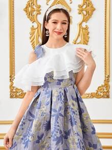 SHEIN Teen Girls' Elegant Asymmetrical Exaggerated Multi-Layer Ruffle Organza Patchwork Ruffle Jacquard Jacquard Pleated Dress - Blue - View 5
