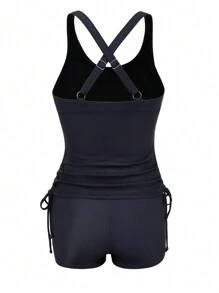 SHEIN Swim Women's Fashionable Figure Graphic Tank Top And Shorts Tankini Set, For Summer Beach Vacation