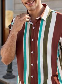 Manfinity Homme 男士休闲条纹短袖单排扣衬衫