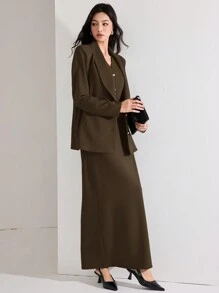 Heiryn 3 Piece Women's Casual Set: Solid Color Long Sleeve Blazer Jacket, Vest, And Mini Skirt In Fall/Winter - Brown - View 4