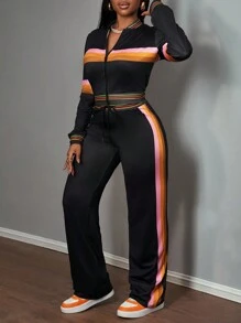 Slaydiva Winter Zip-Up Jacket And Decorated Trim Women Pants Suit Set - Black - View 6