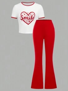 2 件套少女心形和字母印花短袖上衣和喇叭裤 - 紅色 - 查看 1