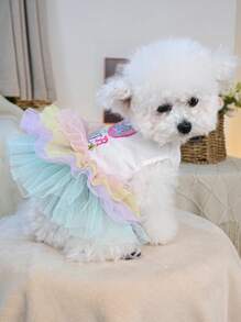 PETSIN 1pc Pet Dog Cat Universal Easter Costume Dress, Cute Embroidery Gradient Tulle Puffy Princess Style Pet Dress, For Gift - Multicolor - View 3
