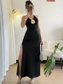 Chiquease Damen langes weißes Blumenprint Kleid mit V-Ausschnitt, hohem Schlitz, Rückenbindung und offenem Rücken, simple aber elegante Urlaubskleid mit sexy Look