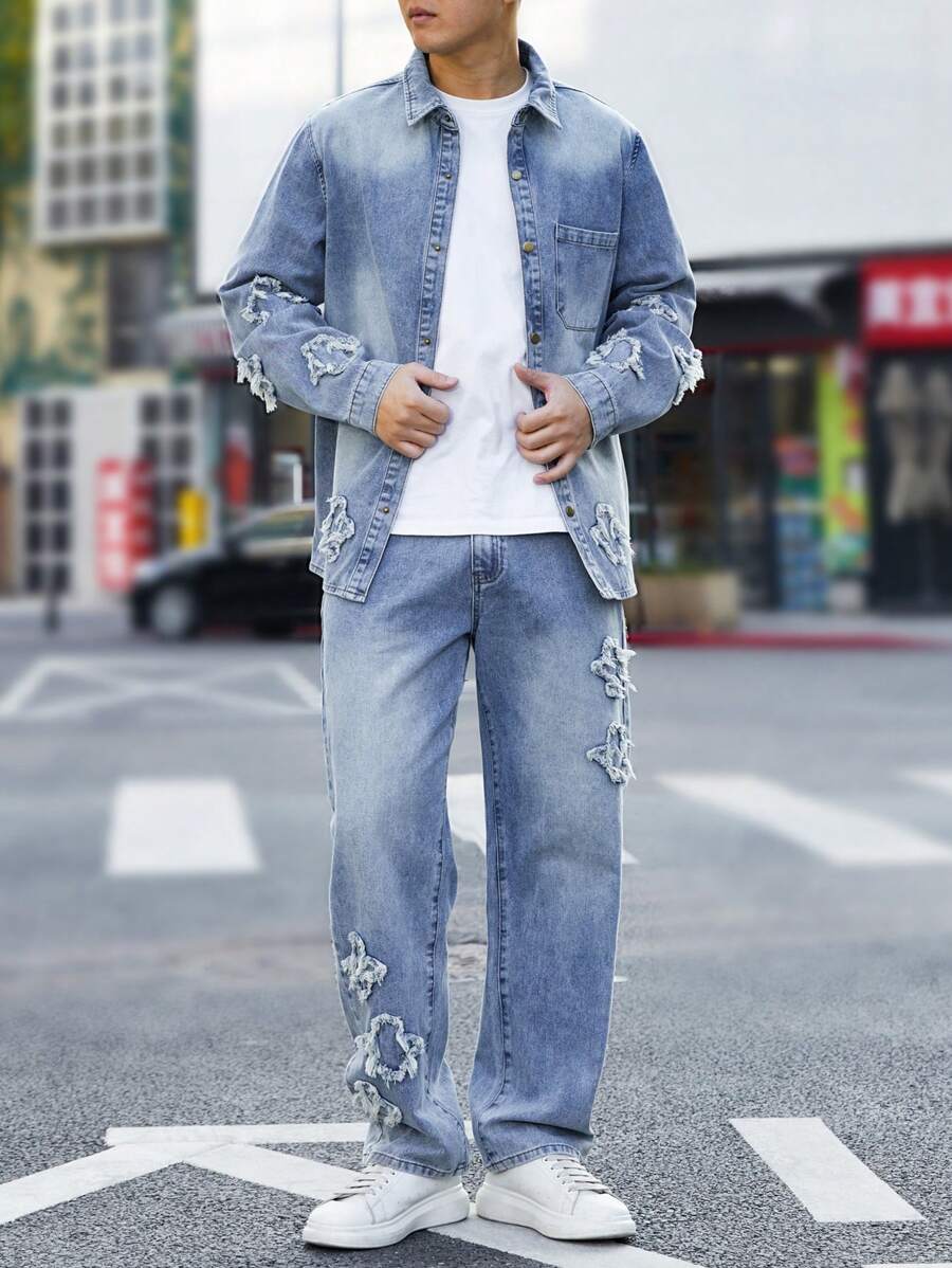 Manfinity Homme Plus Size Men's Front Button Long Sleeve Casual Jacket And Denim Pants Set, Emo Style, Fall Clothes - Blue - View 1