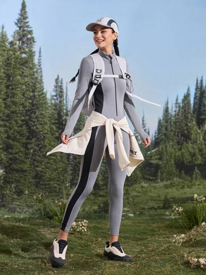 In My Nature Bộ đồ liền thân thể thao ngoài trời giản dị có khóa kéo màu tương phản dành cho nữ