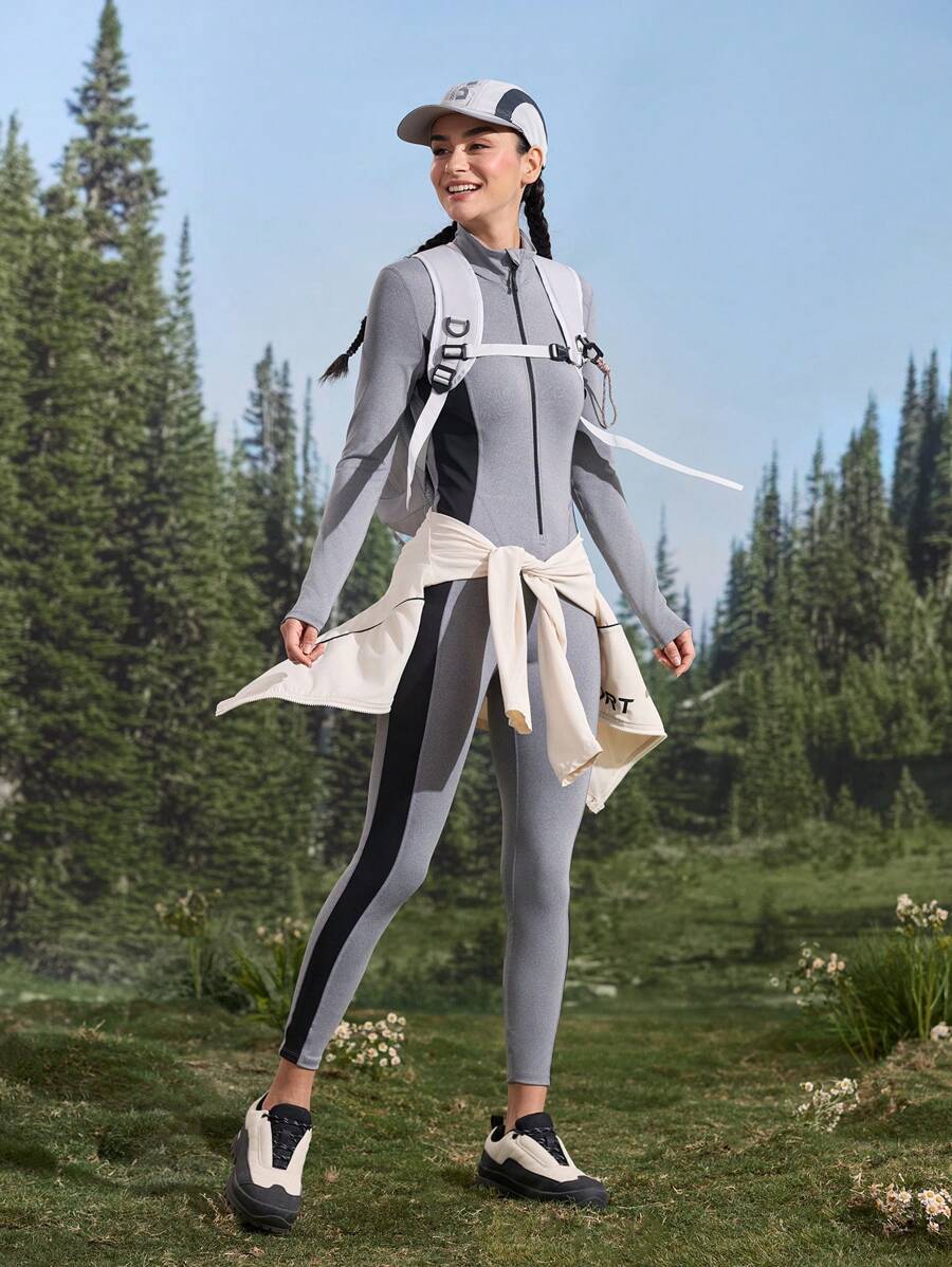 In My Nature 女士撞色前拉链休闲户外运动连体裤 - 淺灰色 - 查看 1