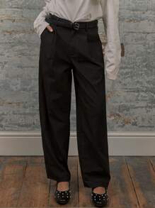 MUSERA 修身中腰筒形裤腿，侧边口袋，腰带环，复古优雅夏季时尚长裤 - 黑色 - 查看 2