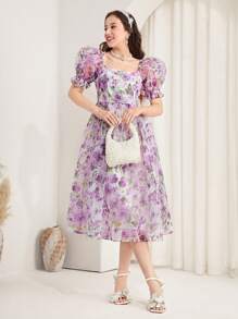SHEIN 紫色花卉印花欧根纱荷叶边 A 字裙，春夏花卉图案泡泡袖正式婚礼派对开斋节连衣裙，适合少女 - 紫色 - 查看 6