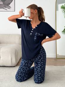 RueChic Women Cotton 2 Pcs Pocket&Ribbon And Contrast Colour Button Detail Short Sleeve Shirt And All Over Contrast Colour Heart Pattern Sleep Bottom PJ Set - Navy Blue - View 1