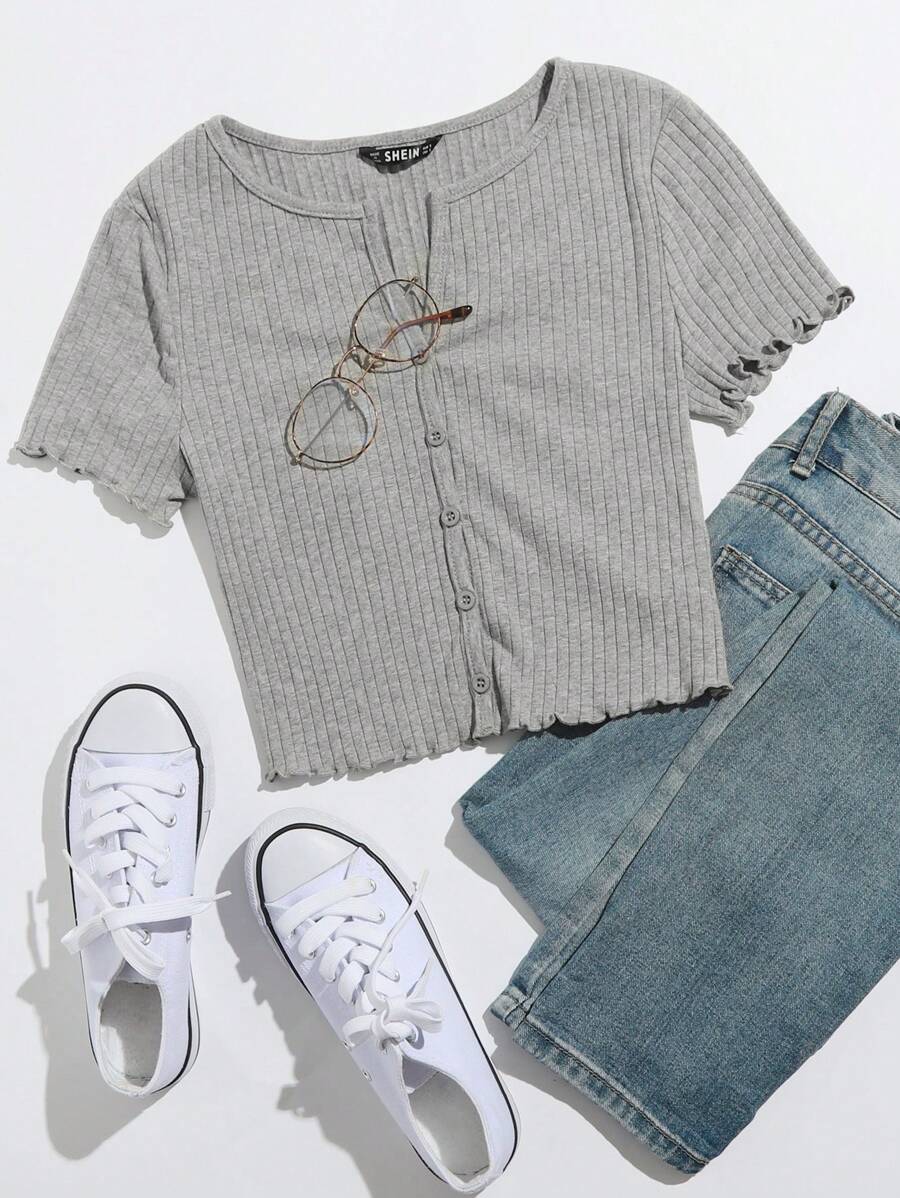 SHEIN EZwear 紐扣生菜邊短版上衣 - 灰色 - 查看 1