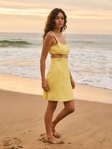 Aralina Summer Vacation Linen Blend Cut Out Detail Mini Dress