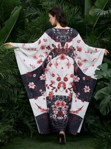Al Najma Women's Floral Print Round Neck Batwing Elegant Turkish Dress, Modest Kaftan - Multicolor - View 2