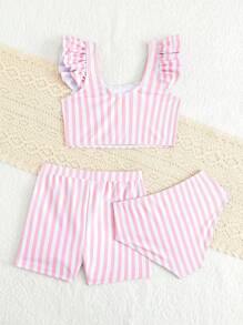 Young Girl Striped Ruffle Trim Bikini Swimwear Set With Shorts - Multicolor - View 2