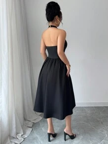 Selianne 女士优雅性感水钻蝴蝶结露背吊带中长连衣裙