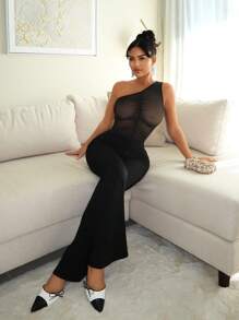 SHEIN SXY 女士纯色不对称肩无袖网眼拼布休闲连身裤 - 黑色 - 查看 1