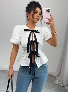 SHEIN Unity Women Contrast Color Splicing Short Sleeve Casual Top, Everyday Wear - Black and White - View 1
