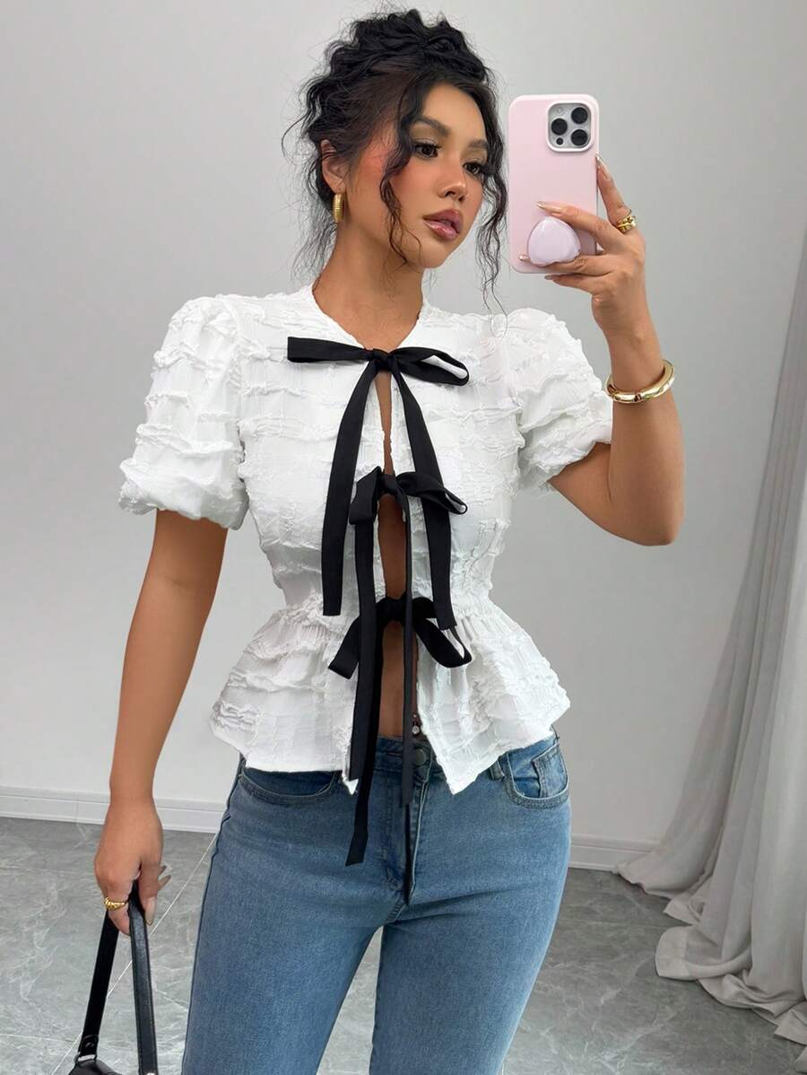 SHEIN Unity Women Contrast Color Splicing Short Sleeve Casual Top, Everyday Wear - Black and White - View 1