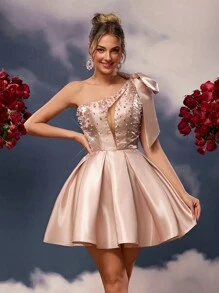 Lovelzi Vestido de Baile Luxuoso de Linha A com Bainha de Brilho, Decoração de Laço no Ombro Champanhe Brilhante de Cetim, Tule com Recorte na Frente, Bordado Manual, Vestido de Festa, Vestido de Convidado de Casamento, Vestido de Formatura - Champanhe - Visão 7