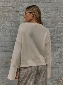 MUSERA 宽松圆领落肩长袖针织套头衫 - 杏色 - 查看 3