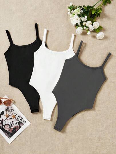 SHEIN EZwear Casual bodysuit för kvinnor i 3 delar med justerbara remmar, lämplig för sommaren