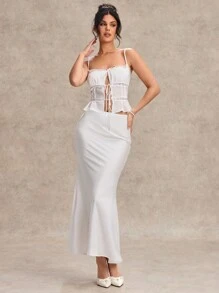 SHEIN BAE Conjunto de 2 peças feminino, sólido, branco, imitação de linho, renda, patchwork, camisola, amarração, saia sereia super longa e justa, traje para o dia dos namorados, conjunto de 2 peças para festa, conjunto de 2 peças para encontro romântico, conjunto de 2 peças para minivestido de madrinha, conjunto de 2 peças para vestido de baile, conjunto de 2 peças para deslocamento diário, conjunto de 2 peças de renda branca, conjunto de 2 peças para minivestido de aniversário - Branco - Ver 7