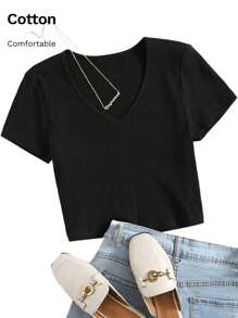 SHEIN EZwear Women's Solid V-Neck Short Sleeve Casual Top, Everyday Wear - Black - View 6