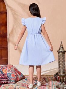 Tween Girl Casual Elegant Cute Everyday Versatile Dress, Suitable For Outings - Blue and White - View 2