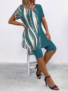SHEIN LUNE Plus Size Vrouwen Luipaard Print Ronde Hals Korte Mouw Top + Shorts 2 Stuks Set