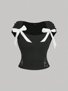 SHEIN MOD 夏季大码黑色可爱女孩白色蝴蝶结蕾丝拼布 T 恤 - 黑色 - 查看 1