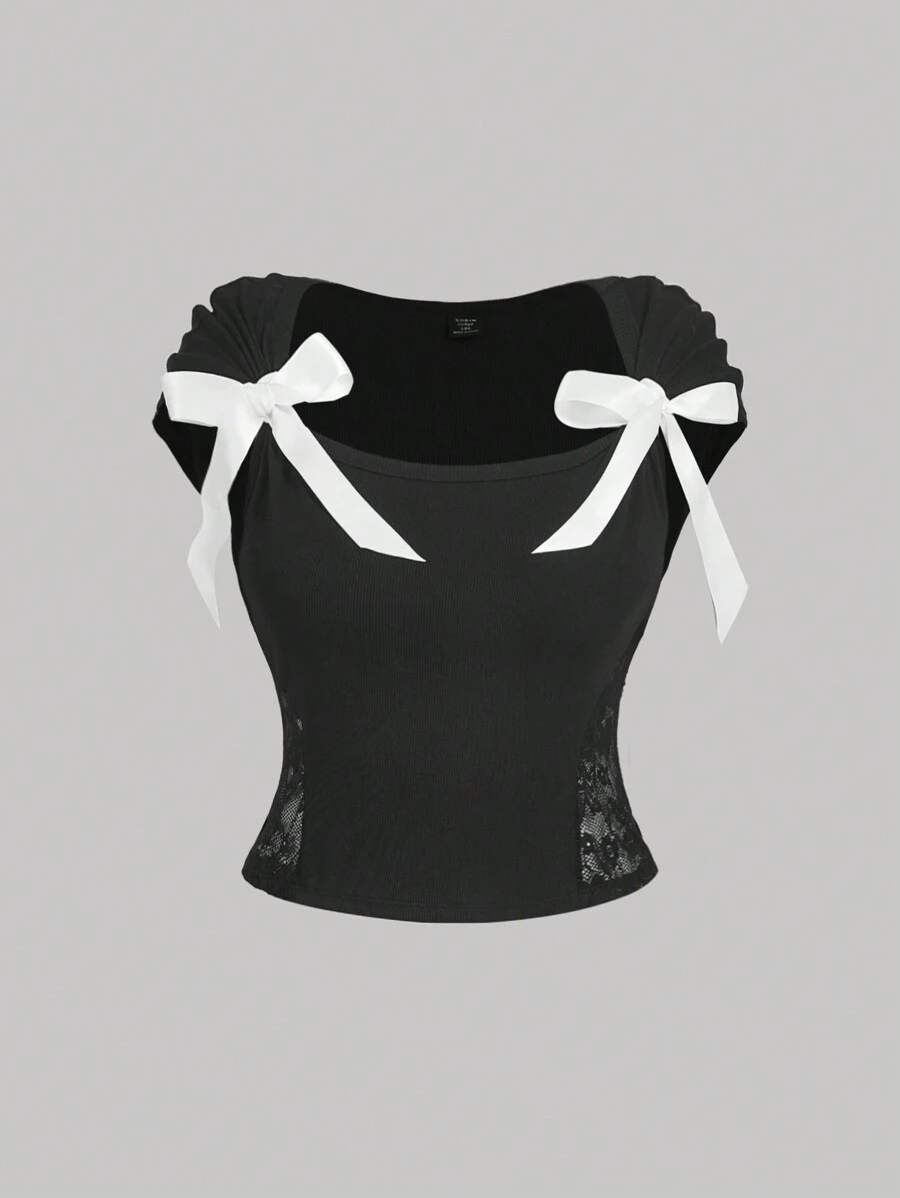 SHEIN MOD 夏季大码黑色可爱女孩白色蝴蝶结蕾丝拼布 T 恤 - 黑色 - 查看 1